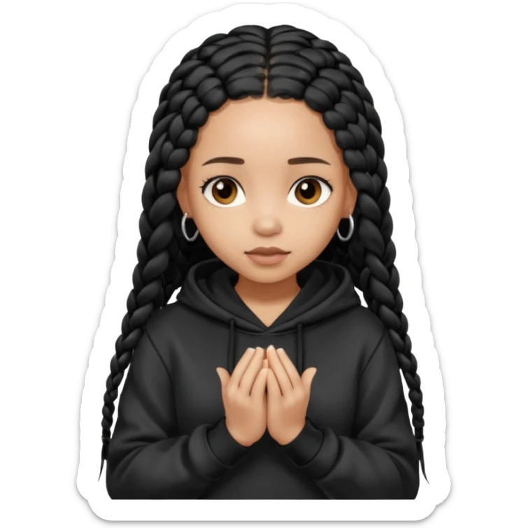 African American light skin girl with long black box braids wearing a black hoodie with hands folded together sticker