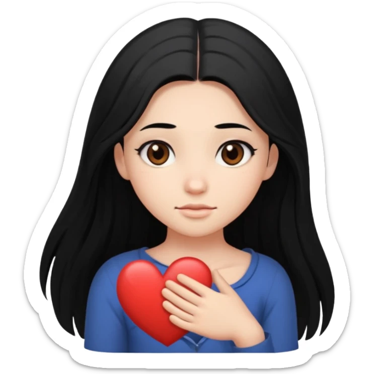 character with long black hair past elbow,  round, downturned dark brown eyes, heart shape face sticker