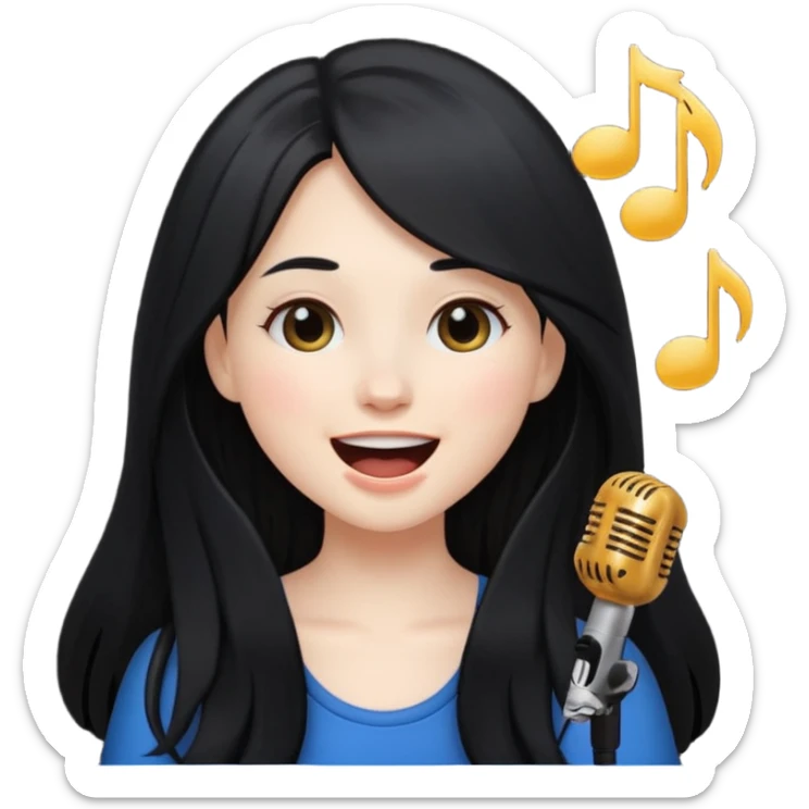 Pale girl with Long black hair singing (facial expression like emoji sticker