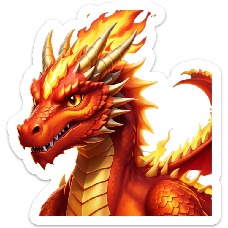 cinematic-noble-fierce-fire-dragon-portrait-emoji,-poised-and-imposing,-with-a-muscular,-scaled-body-ablaze-in-fiery-hues-of-crimson,-molten-orange,-and-molten-gold,-and-intense,-burning-eyes-that-mirror-the-heart-of-a-volcano;-rendered in detail sticker