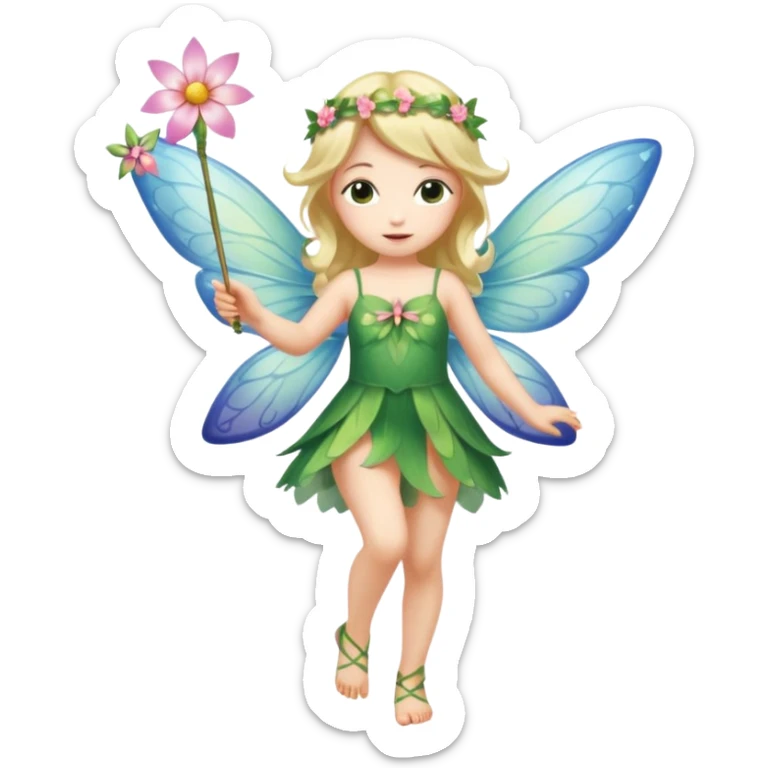 A flower fairy girl, with wings all over her body, one leg straight and the other bent, one hand raised holding a magic wand, the other hand lowered. sticker