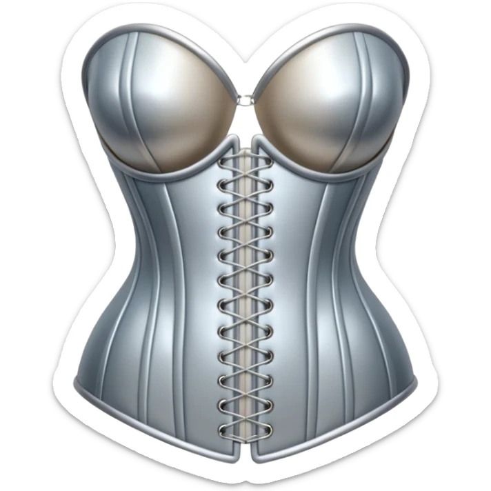 A luxury corset emoji made of silver chrome, smooth metallic curves, minimal fashion silhouette, glossy reflections, sensual high-end aesthetic, iOS emoji style, centered, clean white background sticker