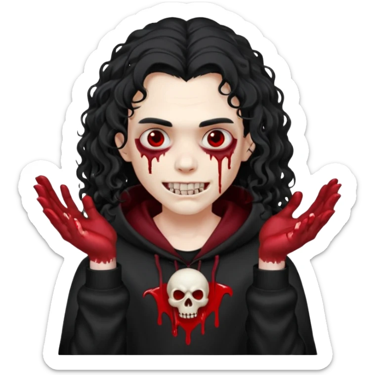 Vampire wearing a black hoodie with a skull logo on it, long curly hair that covers the forehead, fanged teeth and blood on hands sticker