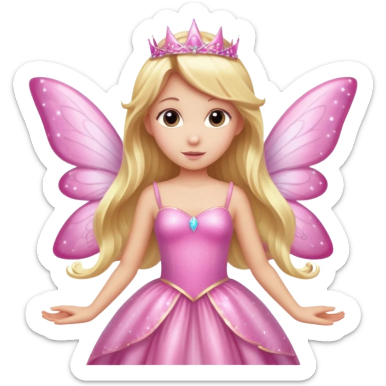 Long blonde hair pink sparkle princess dress large fairy wings sticker