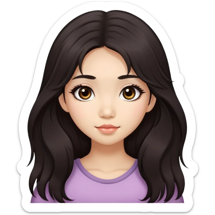 Asian girl with very long shaggy deep dark brown hair, big dark eyes. long lower lashes, cheekbones with blush. big dimples. sticker