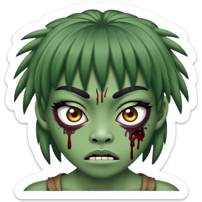 zumbi verde do cabelo liso preto e grande com franja e olhos puxados de japonês e linda sticker