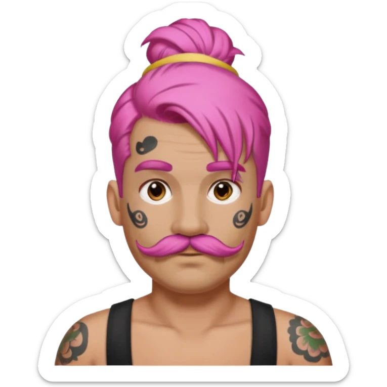 single big bun pink hair man and mustache and face tattoos very heavy and headband sticker