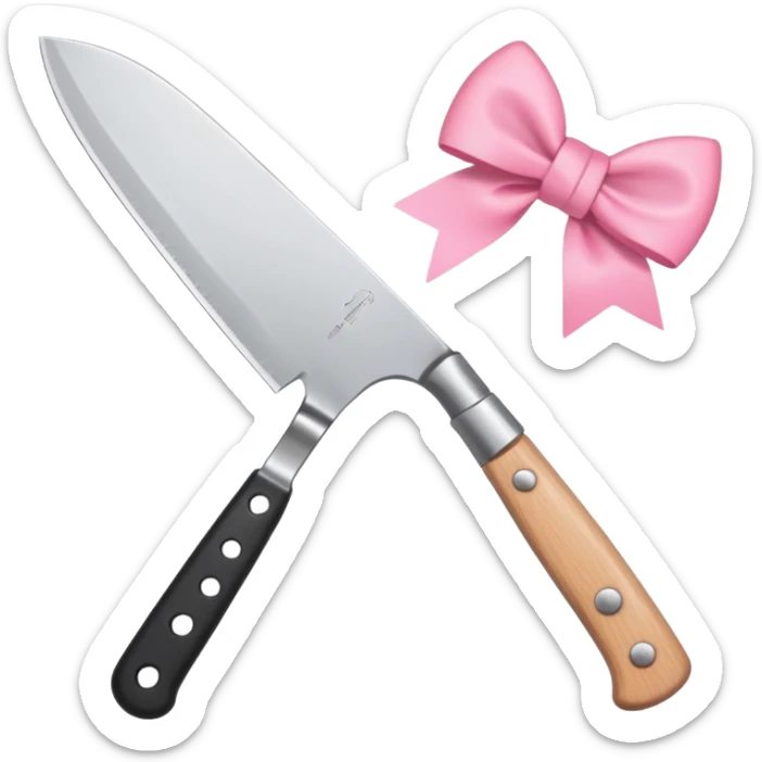 Emoji style illustration of a kitchen knife with a cute pink bow tied around the handle, minimalistic, clean design, white background, soft colors, flat vector style, kawaii emoji sticker