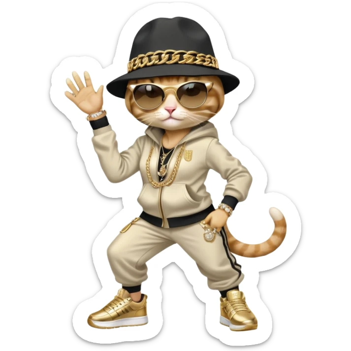 female cat wearing Run DMC hip-hop outfit with tracksuit, fedora, Adidas sneakers, dark sunglasses, many gold chains and bling accessories, break dancing sticker