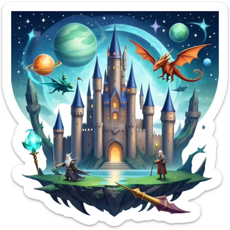 Icon for Fantasy and Sci-Fi Movies: A magical collage with flying dragons and futuristic spaceships. Stars and planets shimmer in the background with a mystical castle Hogvards and an ancient wizard holding a staff. The atmosphere is epic, otherworldly and adventurous. Transparent background. sticker