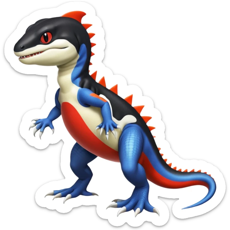 Black and white Orca-hybrid-reptile-reptilian-lizard-skink-gecko-Digimon-Fakémon-Pokémon-fusion-hybrid full body, two legs, two arms, claws, anthropomorphic, with red stripe sticker
