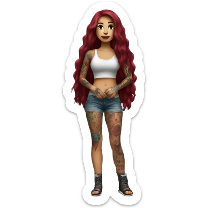 Beautiful tattooed burgundy long haired woman standing next to a car sticker