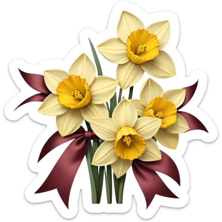 Soft yellow daffodils intertwine with faded burgundy ribbons, as brown butterflies rest on their petals. A warm, golden haze enhances the nostalgic charm. sticker