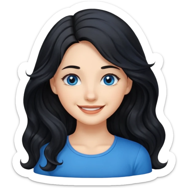 Please generate a portrait of a pretty girl with long, wavy, black hair. She's smiling. She also wears a left side parting. sticker