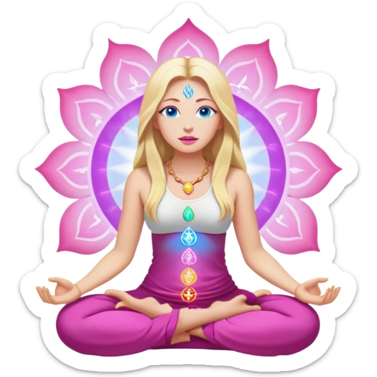 Cinematic realistic blonde with long hair, blue eyes, pink lips meditates, her chakras glow sticker