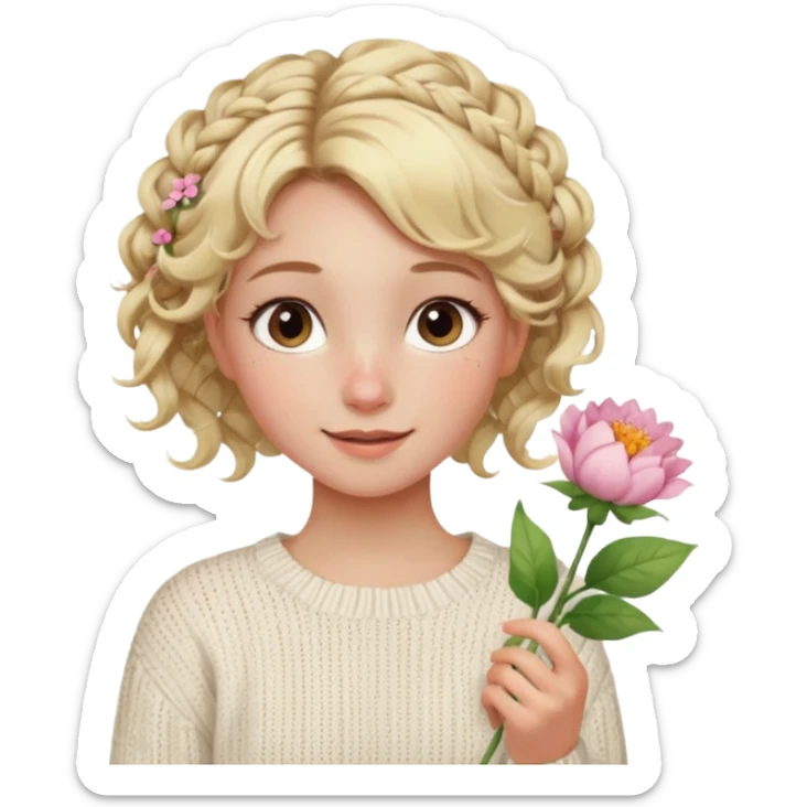 blonde hazel eyes girl holding a flower with a white cable knit sweater and a curly messy bun with tendrils of hair flowing down her face and she is happy pale, some freckles, blush sticker