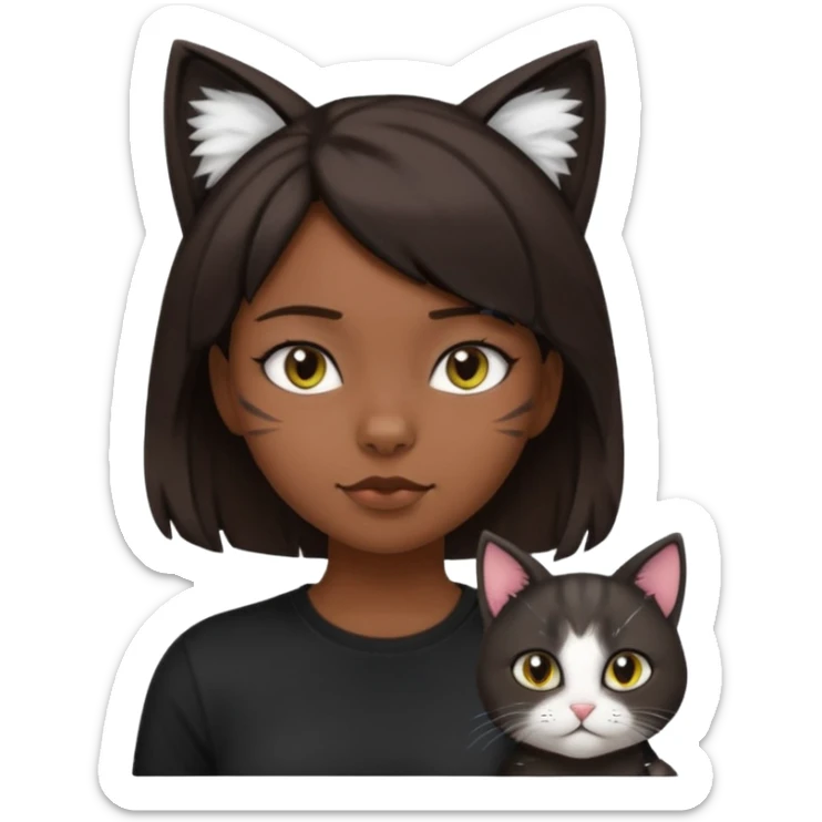 a girl with short dark brown hair with lots of dandruff , cat ears and a tail, with a black t-shirt on sticker