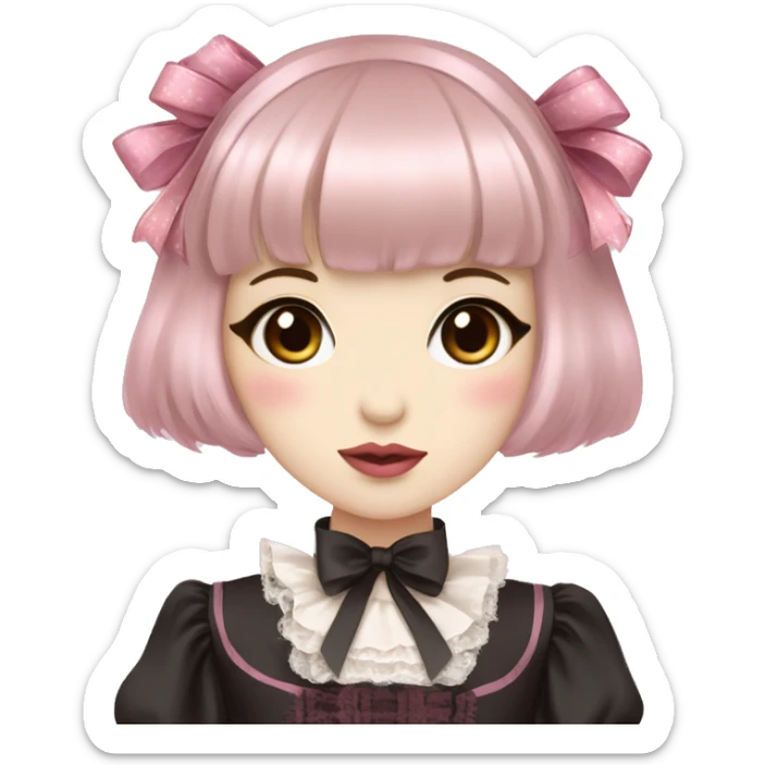 Japanese pale woman with short brown hair and bangs, pink lips and eyeshadow, long eyelashes, brown eyes, pink Lolita dress with laces and ribbons, gothic Lolita doll look sticker