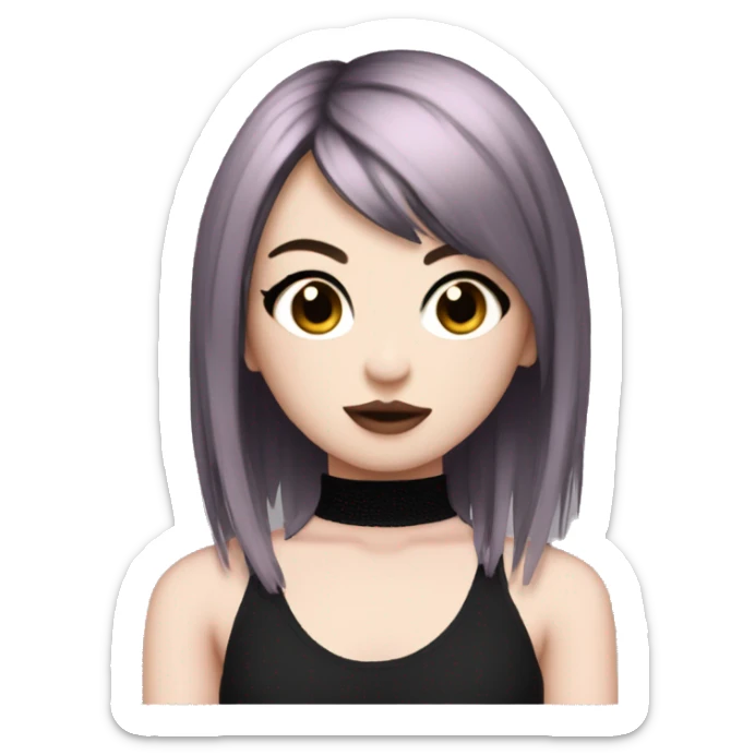 A Emo girl with pale white skin short-long brown hair with pink on the bottom tips with side bangs in pigtails and wearing a fish net black turtle neck halter top sticker