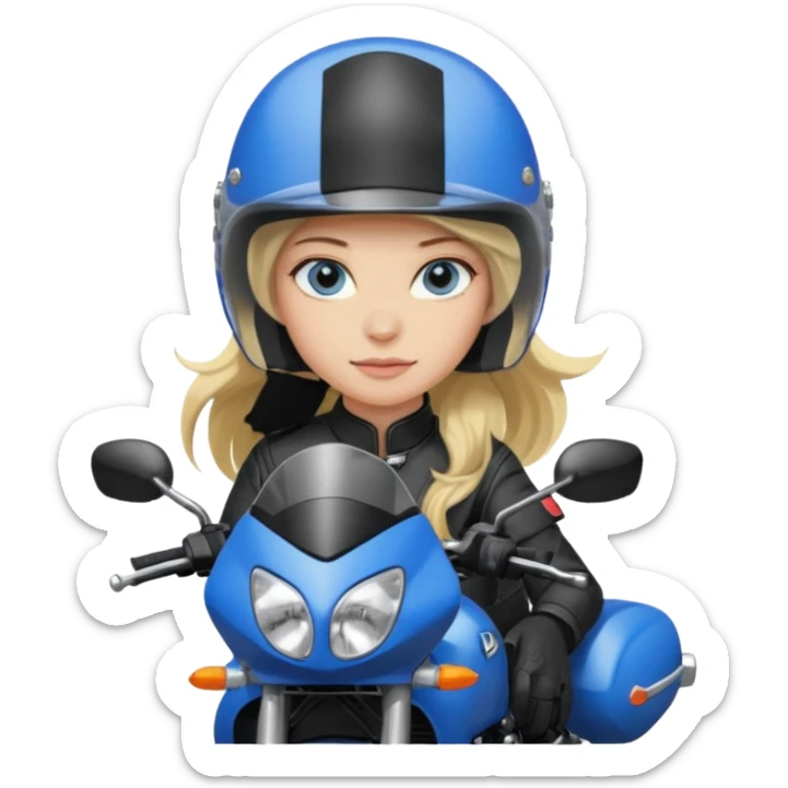 moça loira de cabelo comprido e olhos azuis com capacete em moto honda 150 preta sticker