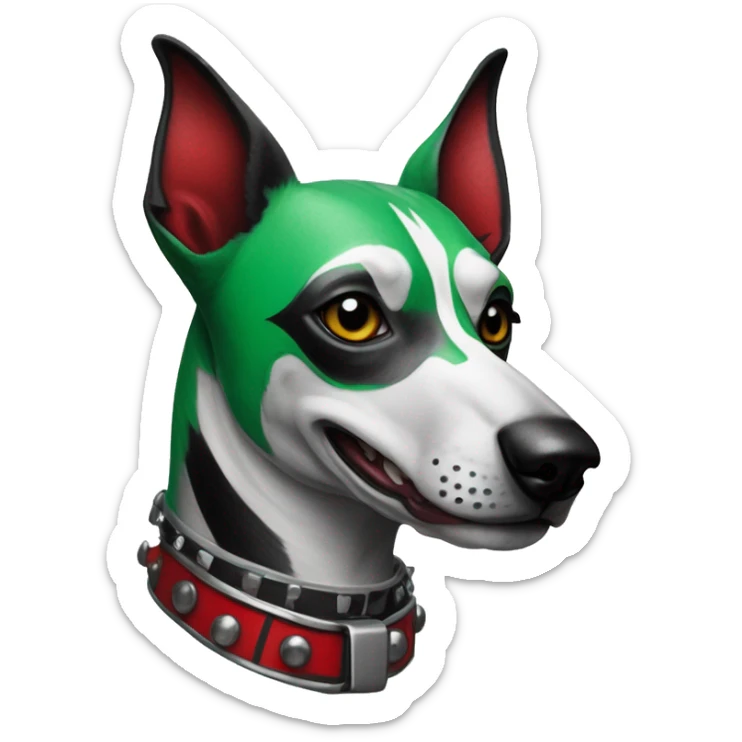 Punk dog spiked collar Green gray black red punk dog Harley Quinn as a dog mime clown harlequin facepaint tattoos punk lurcher surrealism  sticker