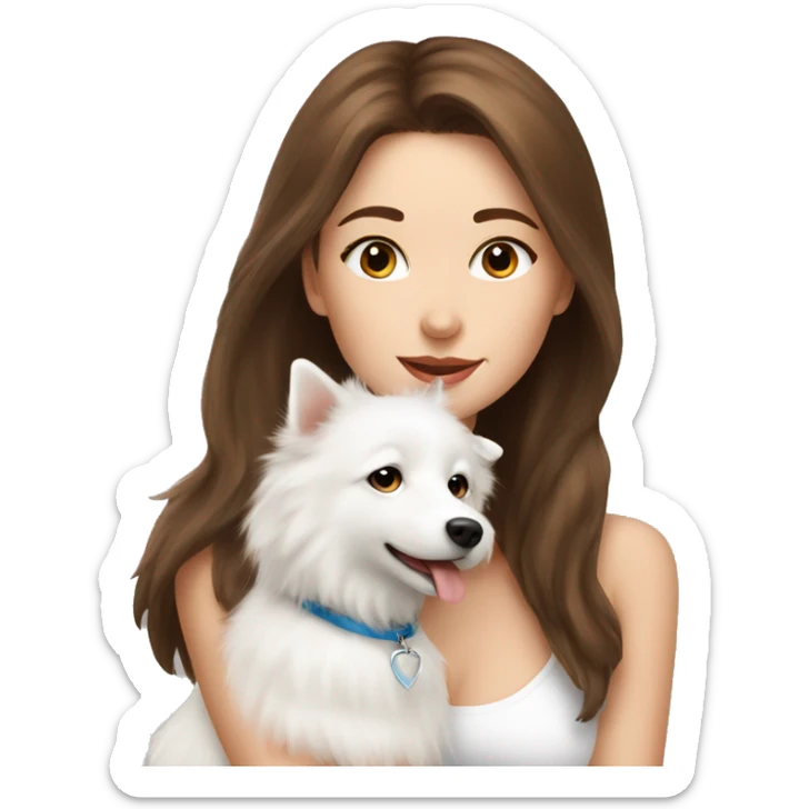 beautiful girl with brown hair kissing her white spitz dog sticker