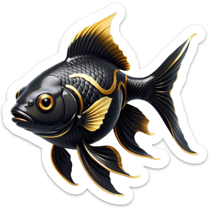 Cinematic Noble Black Goldfish Portrait Emoji, Poised and regal, with a sleek, streamlined build and a lustrous, deep black body, deep-set soulful golden eyes, Simplified yet sharp and sophisticated features, highly detailed, glowing with a soft, dignified glow, high shine, intelligent and graceful, stylized with an air of aquatic elegance, focused and attentive, soft glowing outline, capturing the essence of a watchful and confident aquatic companion, so majestic it feels as though it could glide out of the screen with effortless authority! sticker