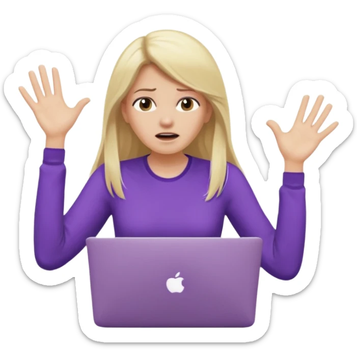 lady with long blonde hair, purple top throwing her with a laptop hands in the air saying why sticker