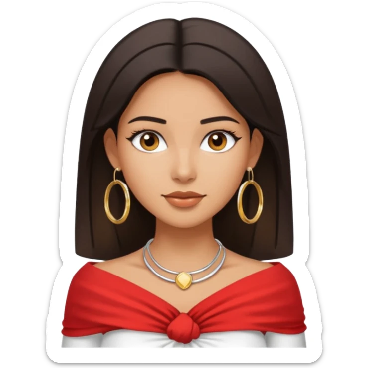 latina makeup olsun, saçları düz, halka küpeler büyük gümüş renginde olsun, kolye taksın ve beyaz bir Bandeau top kıyafet giyisin sticker