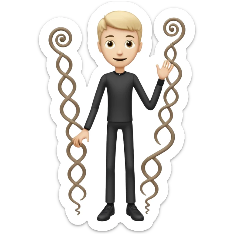 
Theo → “Thin Theo”

Aspetto Toon: Alto, esile, con un corpo filiforme quasi da marionetta. Il volto è sempre sorridente ma gli occhi sono due spirali ipnotiche. Cammina traballando come un cartone animato che sembra cadere ma non cade mai.
 sticker