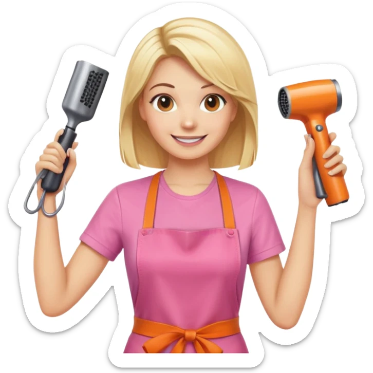 smiling blonde woman hairstylist wearing pink t-shirt and orange apron, hands raised, holding scissors and hairdryer clearly visible sticker