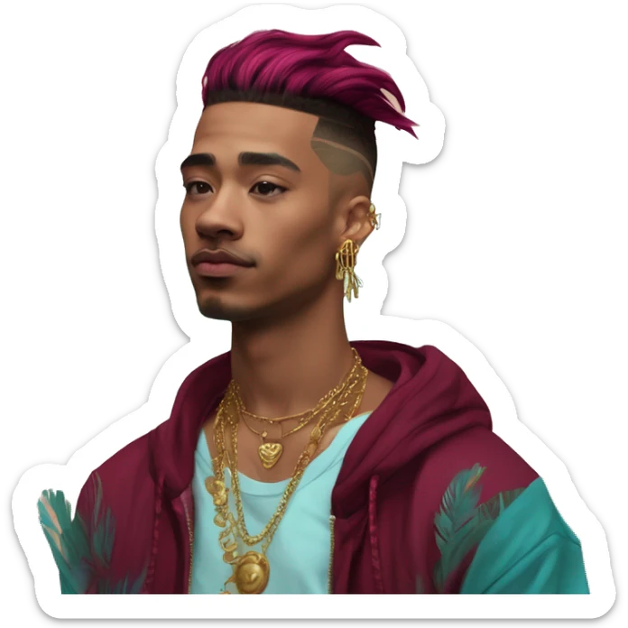 Vintage patina intricate swirls gold jewellery baroque raven wings tropical Deep pink maroon burgundy cyan dark hoodie man vitiligo dyed hair gold piercings nose piercing ear piercings sticker