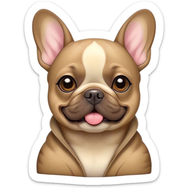 Cinematic Comical Fawn French Bulldog Portrait Emoji, Head tilted dramatically with an exaggeratedly amused expression, featuring a striking fawn coat with a subtle brindle pattern, wide, expressive dark eyes filled with playful disbelief, Simplified yet hilariously expressive features, highly detailed, glowing with a slightly sassy glow, high shine, dramatic yet playful, stylized with an air of cheeky charm, bright and endearing, soft glowing outline, capturing the essence of a spirited and over-the-top companion, so meme-worthy it feels like it could side-eye its way into internet fame instantly! sticker