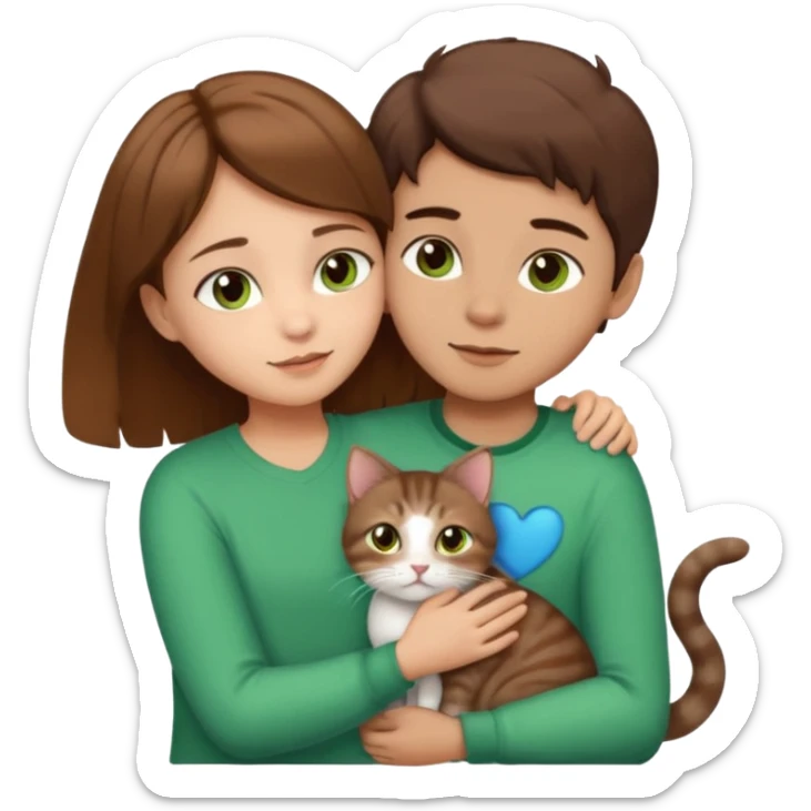 Crea un emoji donde salga un chico de pelo moreno con los ojos claros, una chica de pelo morena con los ojos marrones claros y UN gato europeo comun de pelaje marron oscuro y ojos verde claro, quiero que se esten abrazando el chico y la chica, y el gato este en el medio de los dos sticker