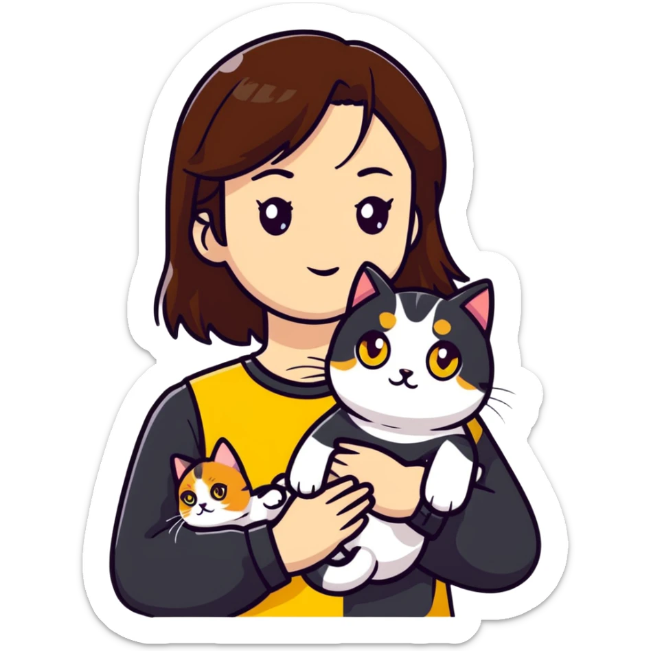 Brown straight-haired girl with black top, white cat with yellow eyes, and calico cat sticker