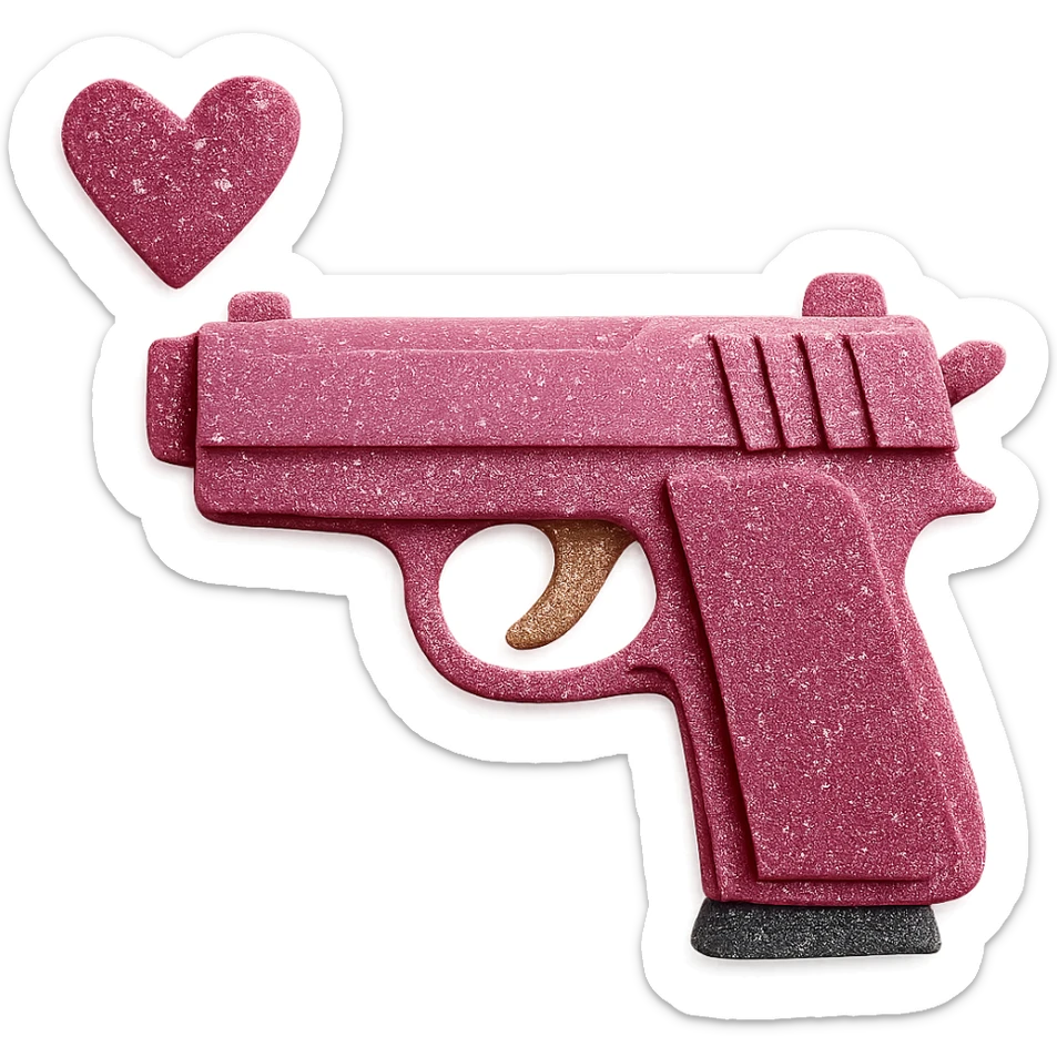 Add sparkling glitter details to the paper craft pink heart pistol, keeping the layered paper textures and handmade look, with no background. sticker
