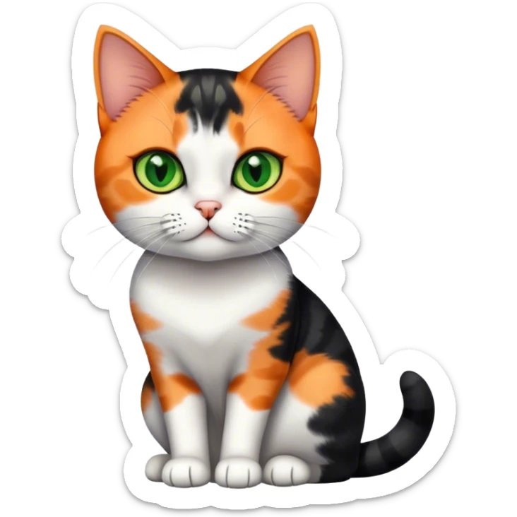 American shorthair calico cat with big green eyes and black fur on the right side of their face and orange on the left side sitting down sticker