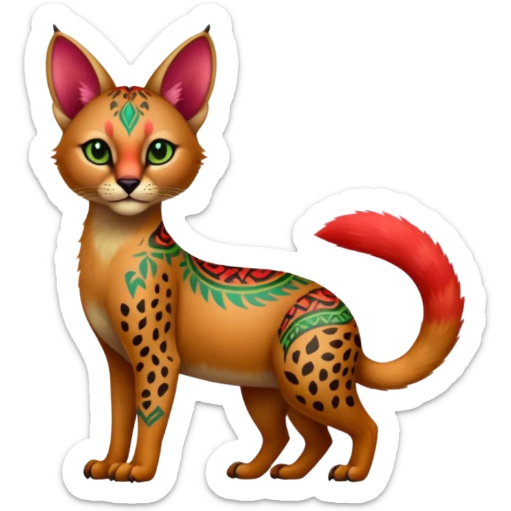 Colorful cute adorable tropical exotic fruity kiwi-green lemony rosy neon-red Caracal-Cheetah-Civet-Trico-fusion-hybrid-animal-creature, full body, with tribal tattoos sticker