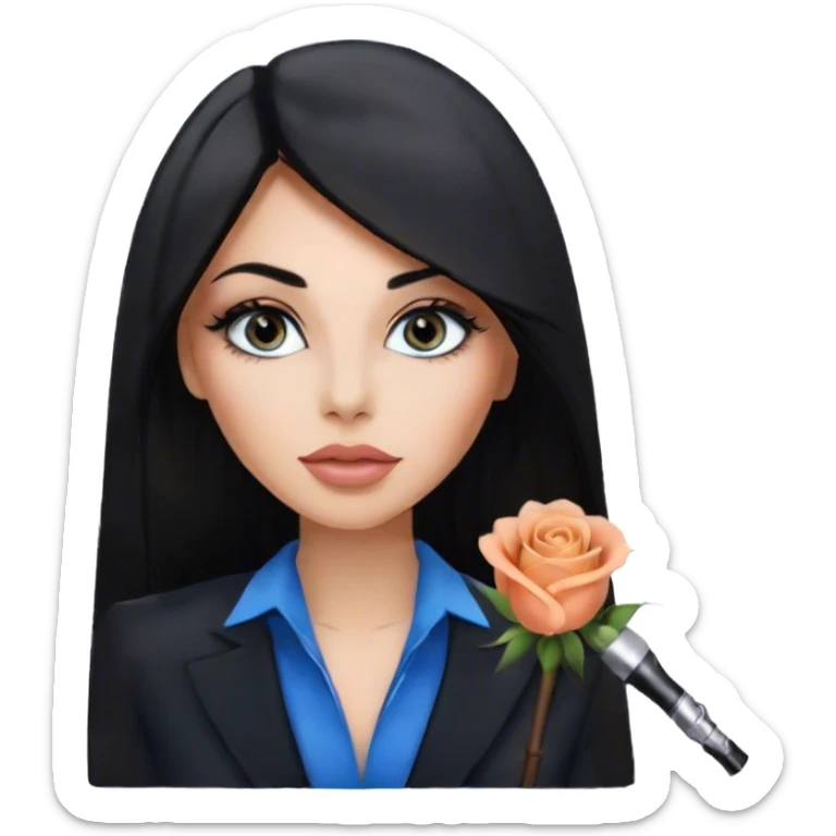 Glamours, tanned, very beautiful girl, with big pump peach-beige-rose lips, eyeliner, long lashes, black straight smooth silky long hair, straight parting hair, blue-grey eyes in black clothes for working profile sticker