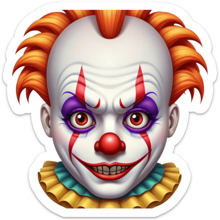 Cinematic 32k HD, Extremely detailed image of a terrifyingly creepy clown, each lash, eye, and hair is shown in stunning detail as though captured in a timeless photograph, rich textures, visually rich, so lifelike that it feels like it could leap off the page at any moment sticker