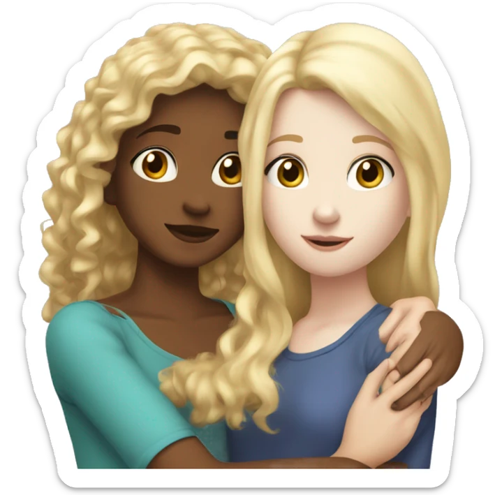 Girl adult with blond straight hair and white skin hugging teenage girl with pale white skin and brown curly hair sticker