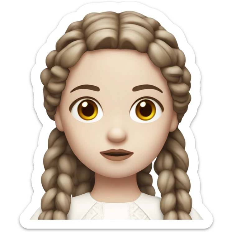 Doll with brown straight hair in braids, wearing a white dress and a serious expression. She has pale skin and a classic porcelain doll appearance, looking terrifying. sticker