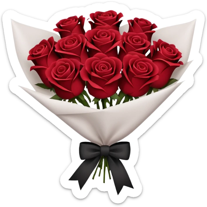 Burgundy bouquet of dark red roses wrapped in white paper with a black bow sticker