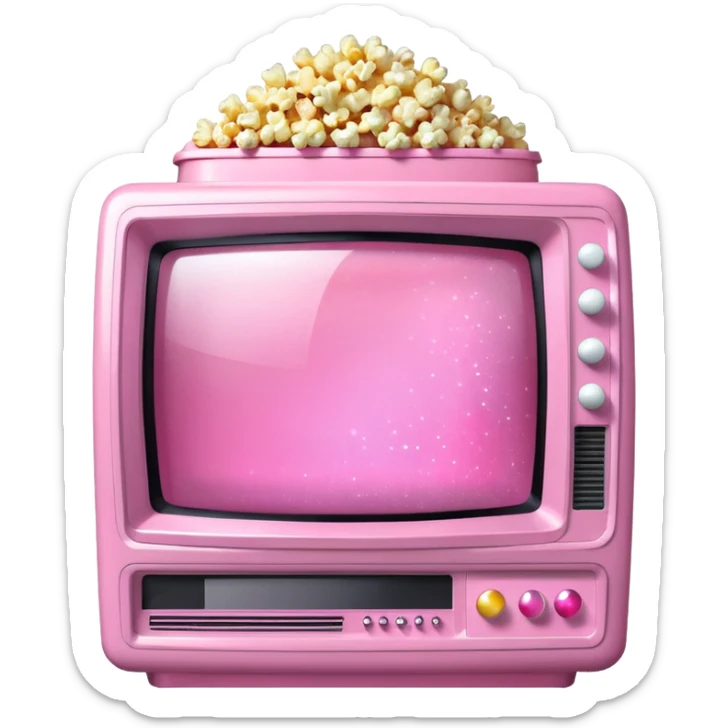 front view of transparent sparkly pink shiny CRT TV sitting on top of pink VCR, with pink/white rhinestone bucket of popcorn beside it sticker