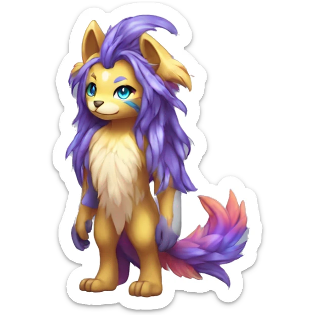 Anthro Sona Cool Edgy Cute Legendary Colorful Shy Shiny Fakemon-Fantasy-Creature With Long Hair-Mane Full Body Detailed High Quality sticker