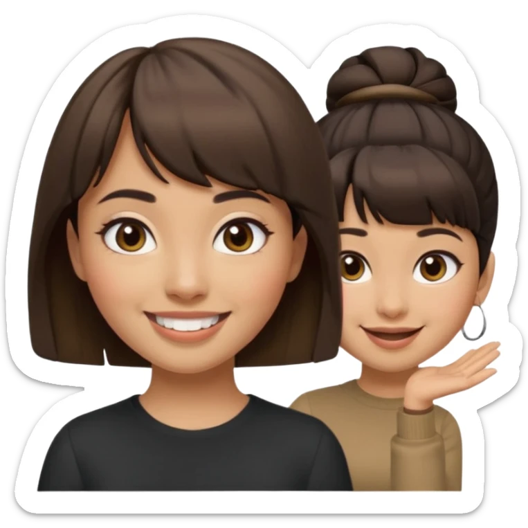 In Apple Memoji format, a girl with dark brown hair. She has bangs and her hair is in a singular high bun. The girl is arab and has light brown skin. She is wearing a brown shirt. She is smiling but is not showing her teeth.  sticker
