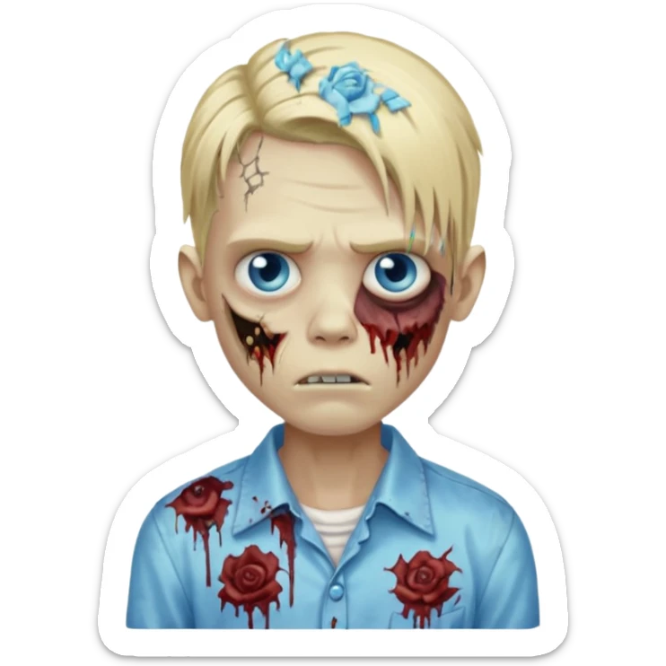 zombie boy with long blond hair blue eyes, designer shirt and hair pins sticker