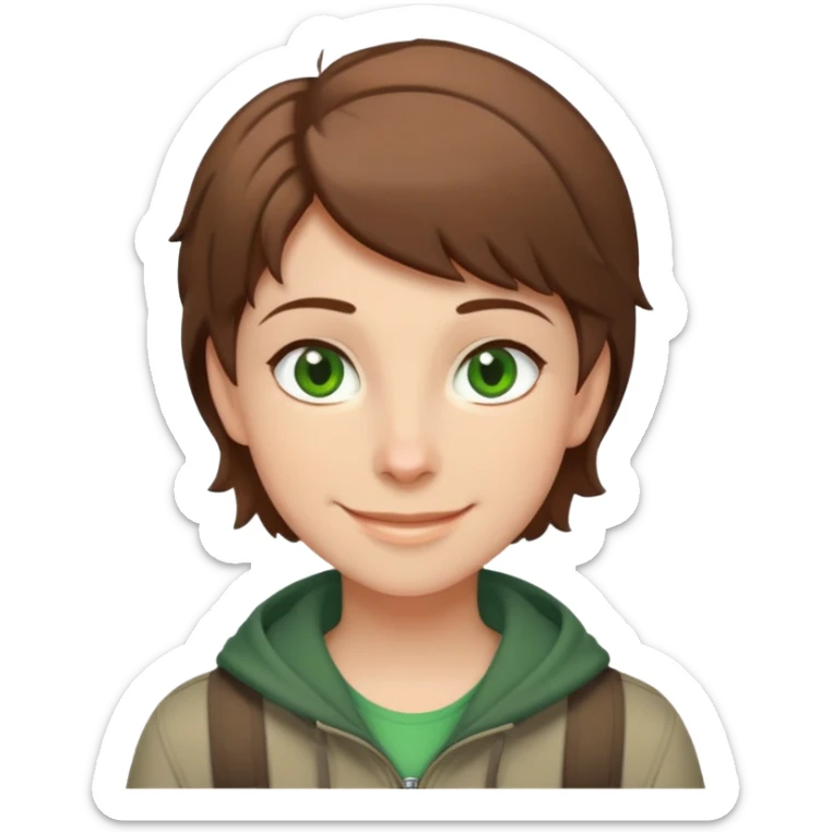 Rudeus Greyrat smiling warmly, green eyes, short brown hair, wearing travel clothes, friendly and kind expression sticker