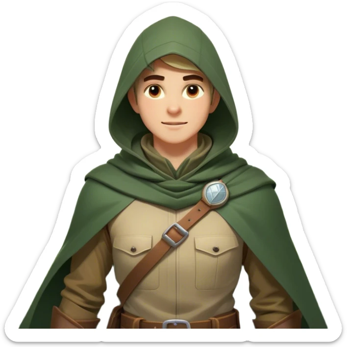Clash of Clans aesthetic Cheerful Ranger Portrait Emoji, With a bright, confident expression and an alert, relaxed stance, showcasing a streamlined, rugged build in natural tones with a hood and cloak blending with the forest, his face in natural skin tone, Simplified yet expressive features, highly detailed, glowing with a soft, luminous woodland radiance, high shine, upbeat and brave, stylized with an air of classic forest heroism, soft glowing outline, capturing the essence of a cheerful ranger ready to embark on epic woodland quests! sticker