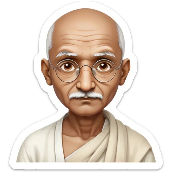 Cinematic Realistic Mahatma Gandhi Portrait Emoji, depicted as a humble, wise leader in simple attire with a serene determined expression, rendered with soft textures and warm natural lighting that captures his peaceful yet resolute spirit. sticker